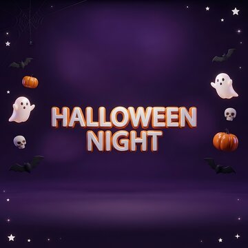 Halloween night festive background with cute ghosts pumpkins and skulls on a dark purple starry backdrop