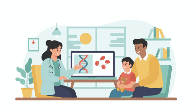Female doctor consulting a father and son with a DNA and blood cell diagram on a computer monitor in her clinic.