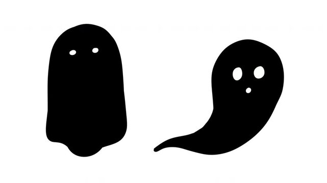 Cute hand drawn 2D animated floating ghost silhouettes set isolated on white background. Flying cute spooky halloween characters loopable animation, simple doodle phantom graphics for holiday decorati