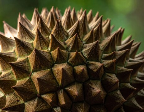 Macro texture of spiky durian fruit outer shell.