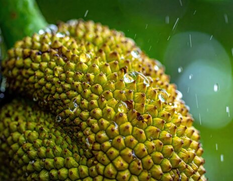 Macro detail of jackfruit skin with fresh water droplets.