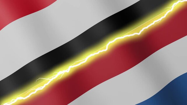 Two waving flags Yemen and Netherlands with diagonal lightning seamless, 4k loop