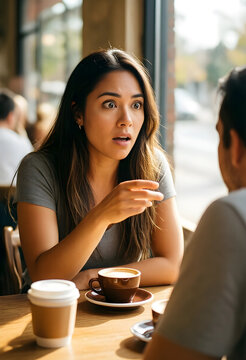 Shocked woman having a serious conversation in a cafe, expressing surprise and concern during a coffee meeting