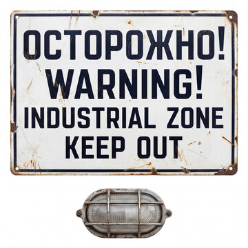 Vintage Industrial Zone Keep Out Sign with Bulkhead Wall Lamp isolated on White Background - Bilingual Caution

Descripci&oacute;n: Weathered industrial sign featuring bilingual Russian/English warning "ОСТО