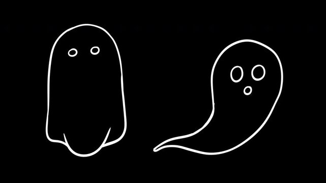 Hand drawn 2D animated flying ghost white line art outline set isolated on dark black background. Cute glowing line spooky phantom loopable animation for halloween party, dark fantasy and game backgro