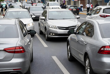 Naklejka premium Urban traffic congestion and rush hour commute, cars stuck in a busy city street during daytime