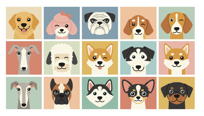 Obraz premium Colorful vector grid pattern featuring fifteen cute dog faces of different breeds in square boxes.