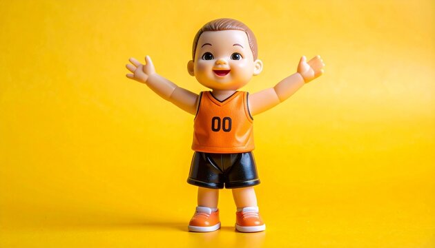 Plastic child figurine with short brown hair, orange sleeveless shirt &ldquo;00&rdquo;, black shorts, white shoes, cheerful raised arms, vibrant yellow background, playful toy-like childhood vibe.