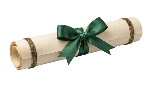 scroll with green bow isolated PNG, angled paper roll on transparent background