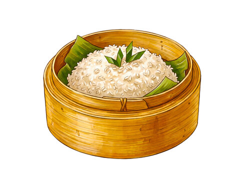 Bamboo steamer with rice transparent background