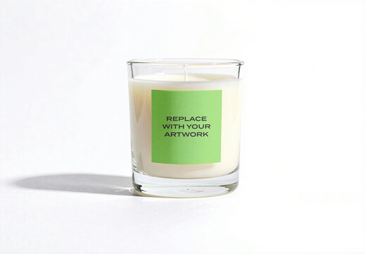 Glass candle jar mockup with label placeholder, white wax in clear container on surface, Template, minimalist product presentation for branding and packaging design