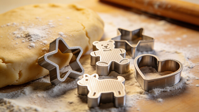 Printed cookie cutters on a floured surface next to rolled dough
