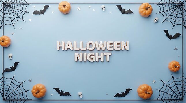 Halloween night background with pumpkins bats and spider webs on a soft light blue surface