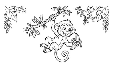 Cute Monkey Hanging on Vine Vector Outline Illustration, Jungle Animal