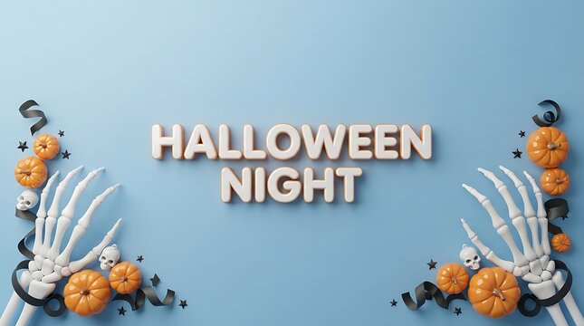 Halloween night text surrounded by skeleton hands and small pumpkins on a light blue background