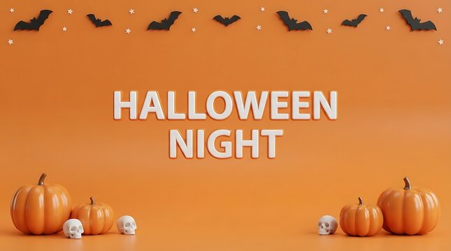 Halloween night text banner with pumpkins and skulls on an orange background for festive holiday celebration