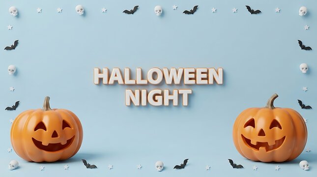 Two carved jack o lantern pumpkins with halloween night text on a light blue background