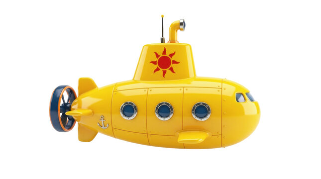 Cute Yellow Toy Submarine with Periscope and Sun Emblem 3D