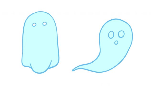 Cute blue outline hand drawn 2D animated flying ghost characters isolated on white background. Minimalist aesthetic pastel spooky phantom loop animation, perfect for child friendly halloween video pro