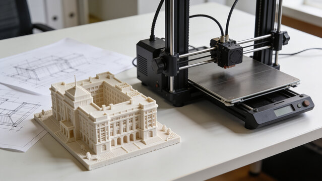 3D printer next to architectural sketches and a printed building model