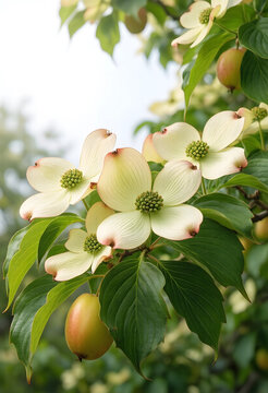 Dogwood tree flowers and fruit spring nature and growth botanical garden and horticulture green leaves in sunlight