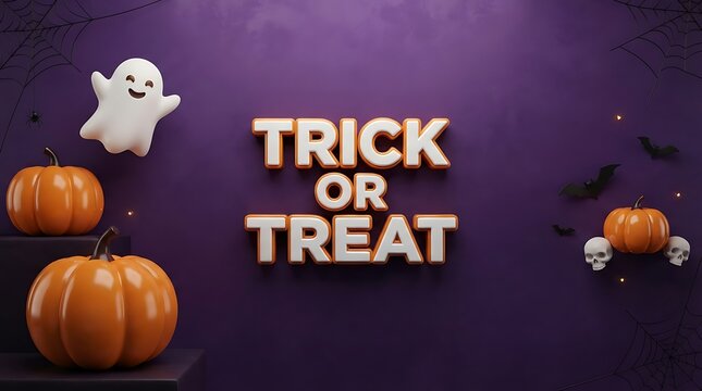 Halloween background featuring pumpkins a cute ghost and trick or treat text on purple wall