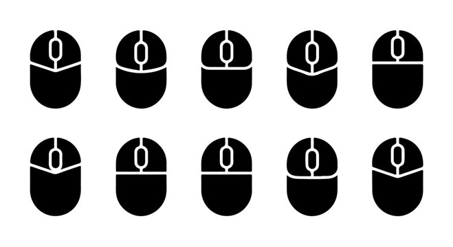 Set of black computer mouse icons featuring distinct scroll wheel and button click designs.