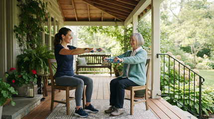 Fototapeta premium Older man and a trainer using resistance bands on a leafy wooden porch