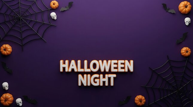 Halloween night background with decorative pumpkins and spider webs on a dark purple surface with copy space