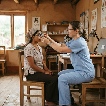 Clinician checking a seated woman eyes at a table in a rural eye clinic