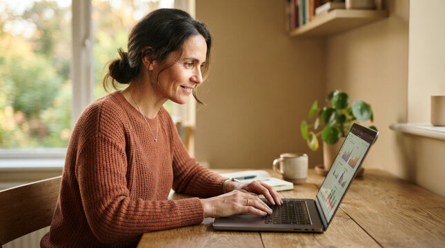 Woman analysing charts on a laptop at a wooden table beside a leafy window