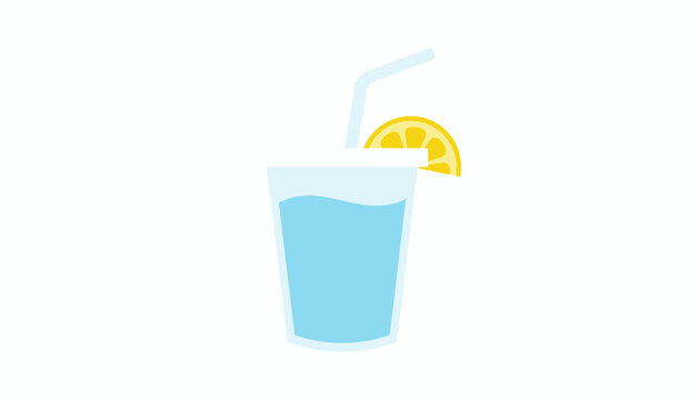 Refreshing glass of cold water with a slice of fresh yellow lemon on the rim and a light blue straw, flat design vector.