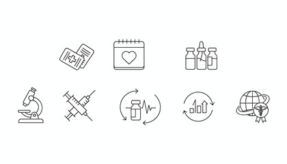 Fototapeta premium Set of eight thin line medical and pharmacy icons featuring a syringe, medicine bottles, microscope, and globe.