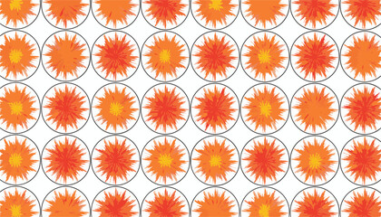 Fototapeta premium Vibrant seamless wallpaper pattern containing rows of circular frames filled with bright orange and red paint splashes.