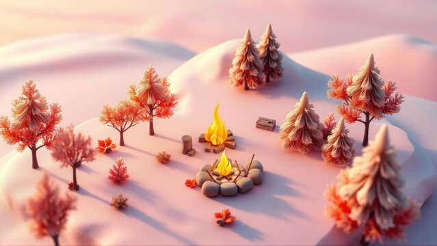 Minimalist landscape features stylized trees, gentle hills, warm campfire. Soft pink hues dominate scene, creating cozy atmosphere.