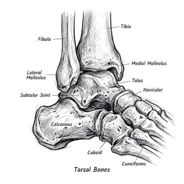 Detailed Anatomical Rendering of Human Tarsal Bones and Ankle Joint Structures Featuring Labeled Tibia Fibula Calcaneus Talus Navicular Cuboid and Cuneiforms with Articulations for Medical Education a