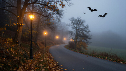 Fototapeta premium Spooky Foggy Autumn Road with Lanterns at Twilight