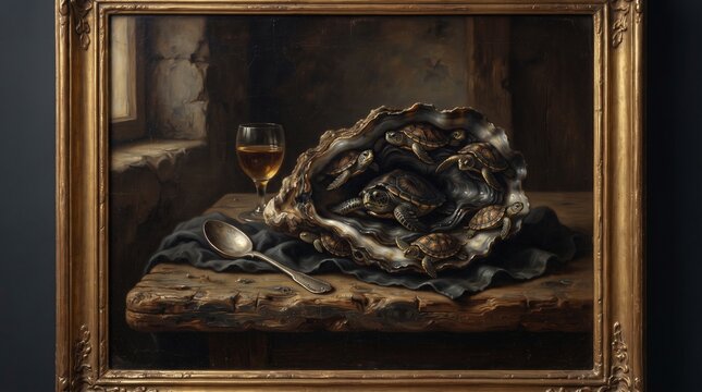 Vintage oil painting of turtles in a shell, classic still life with wine glass and spoon, antique fine art in gold frame