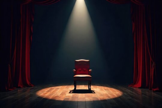A dimly lit theater backstage, props scattered, a single spotlight illuminating an empty chair, suggesting a recent, mysterious departure , enigma, empty