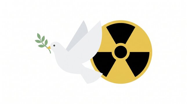 White dove with olive branch over nuclear hazard sign for peace and disarmament theme illustration