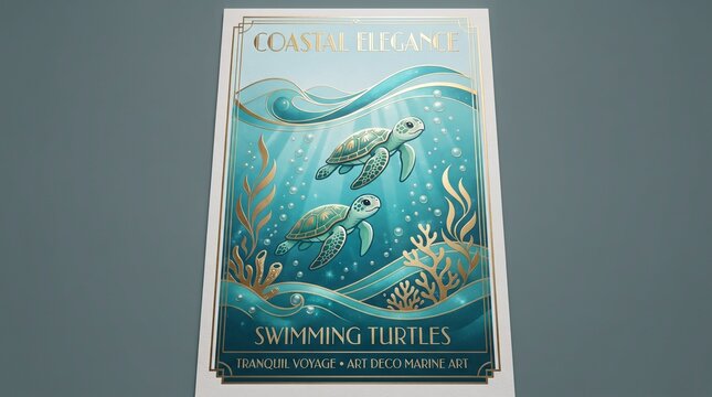 Coastal Elegance swimming turtles poster, Art Deco marine art illustration, vintage nautical ocean voyage print