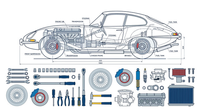 Vintage Car Cutaway Diagram with Tools, Isolated Vector Illustration