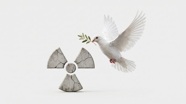 White peace dove with olive branch flying next to cracked concrete nuclear radiation symbol representing disarmament