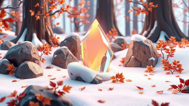 Stylized winter scene. Glowing crystal rests upon snow, surrounded by rocks, trees, fallen leaves. Soft lighting creates magical atmosphere.