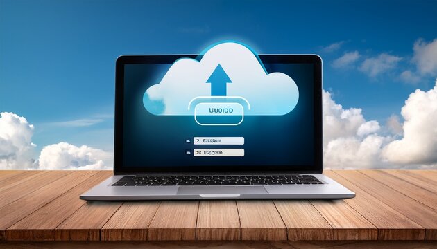 laptop computer displaying cloud file upload progress bar on wooden desk