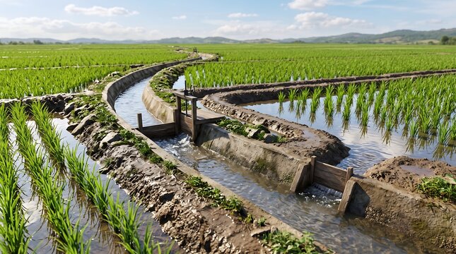 Traditional irrigation canal in green rice field with wooden sluice gate