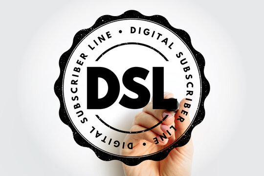 DSL Digital Subscriber Line shown inside a circular stamp design, displayed as a hand draws the emblem for telecom, network and connection themed visuals