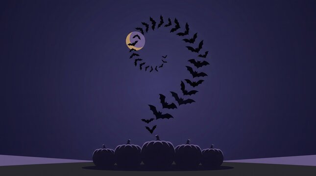 Spiraling bats and crescent moon with pumpkins for halloween night