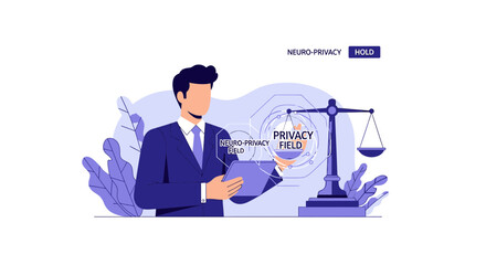 Obraz premium Neuro-privacy and Ethics Concept Illustration with Businessman, Scales of Justice, and Tablet