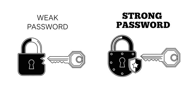 Vector illustration contrasting "WEAK PASSWORD" (cracked padlock) and "STRONG PASSWORD" (padlock with shield and star). Isolated on white.